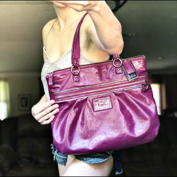 Coach Handbags - Coach Purple Poppy Daisy Gloss Leather Tote Purse